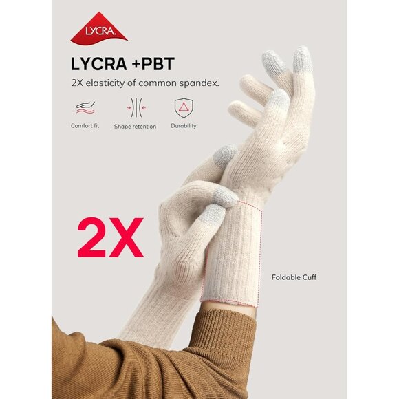 Women White Folding Cuff Touchscreen Soft Skin-Friendly Jacquard Knit Warm Glove - Picture 2 of 6